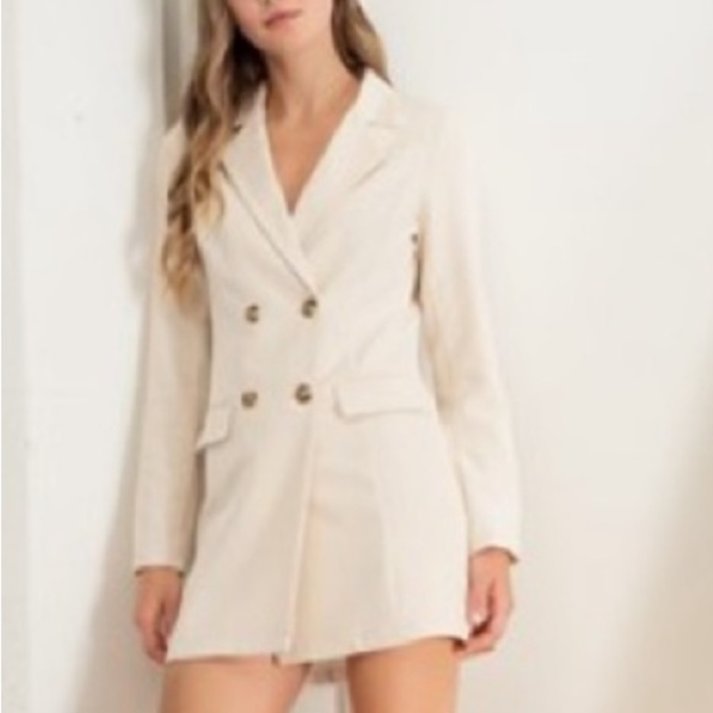 819. LAST 1! Cream Blazer Jacket Coat Double Breasted Long Sleeve Pockets - Picture 5 of 8